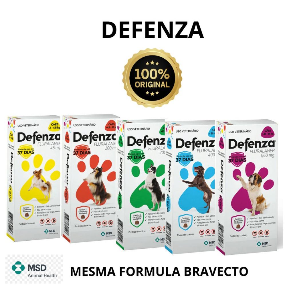 Antipulgas e carrapatos MSD Defenza todos os tamanhos  37 dias mesma formula bravecto