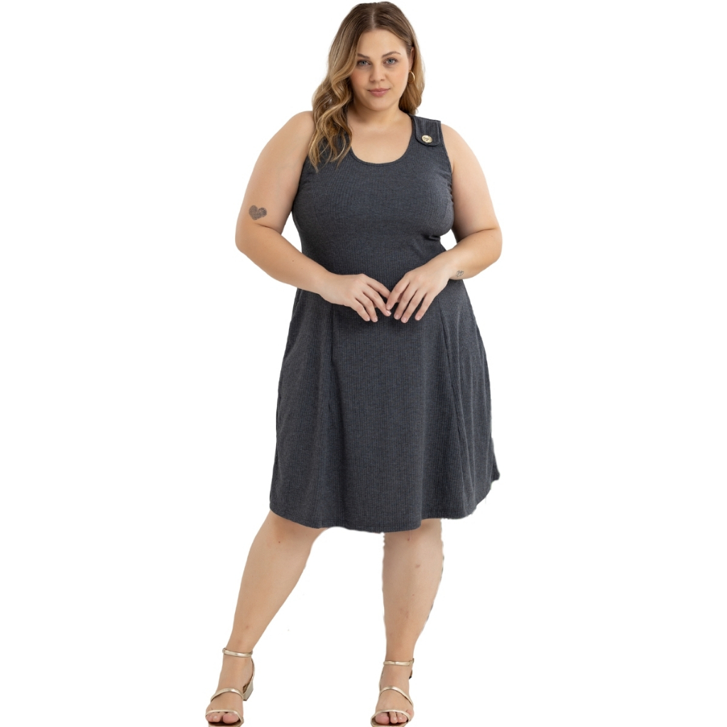 Vestido Midi Plus Size Alça Larga Com Detalhe de Botão Fixo E Fendas Laterais Casual Confort 40124A