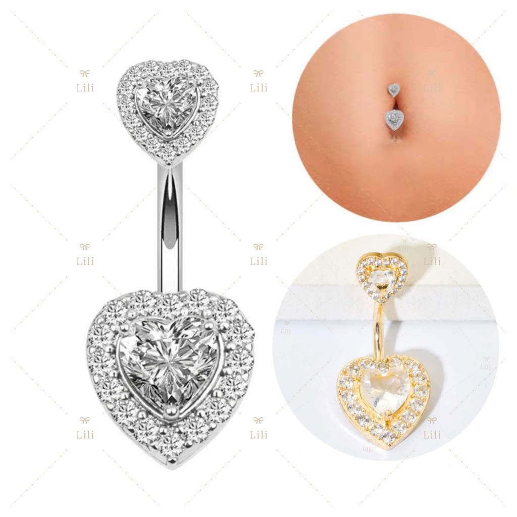 Novo duplo Coração  Piercing de umbigo cravejado com fecho coração em Oferta na Shopee