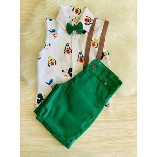 Conjunto Menino Infantil Luxo Temático Mickey Regata + Bermuda Verde