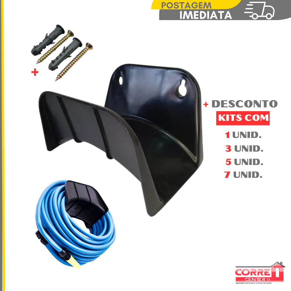 Suporte Mangueira Jardim Plastico Parede + Parafuso e Bucha - Preto Overtime
