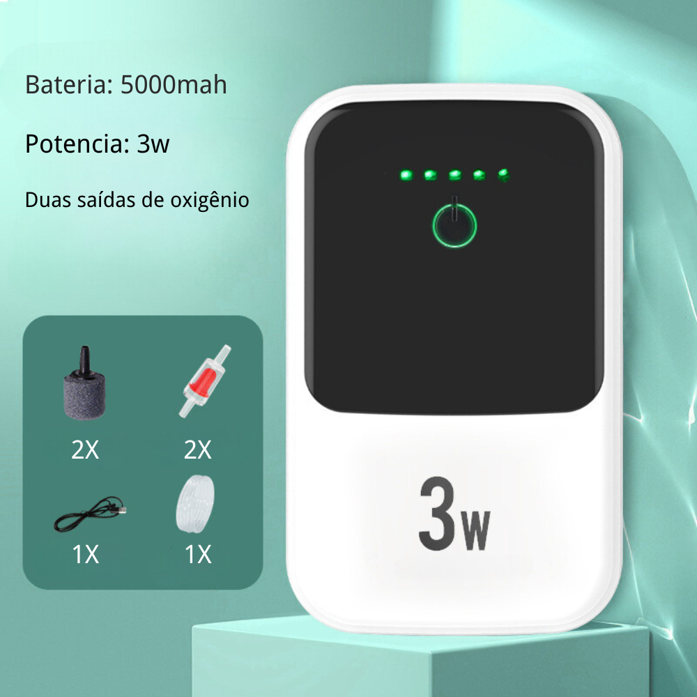 Bomba Oxigênio Compressor De Ar 2 Saídas Aquário 5000mah Recarregável