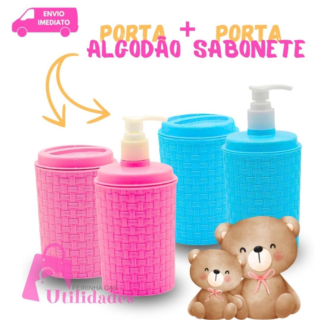 Kit Higiene Bebê 2 Peças  Porta Algodão E Porta Sabonete Liquido Kit Higiene