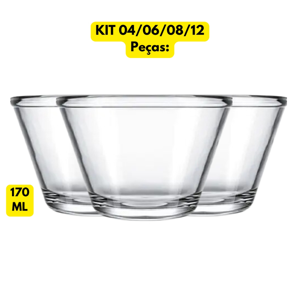 Jogo Kit Tigela Poli 170ML Multiuso Vidro Transparente Copinho Sobremesa Duralex Pudin Pavê