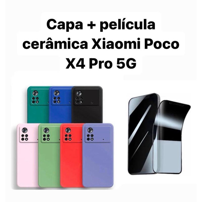 Kit 2X1 Xiaomi Poco X4 Pro 5G - Capa Silicone Aveludada Colorida + Película CERÂMICA PRIVACIDADE 9D