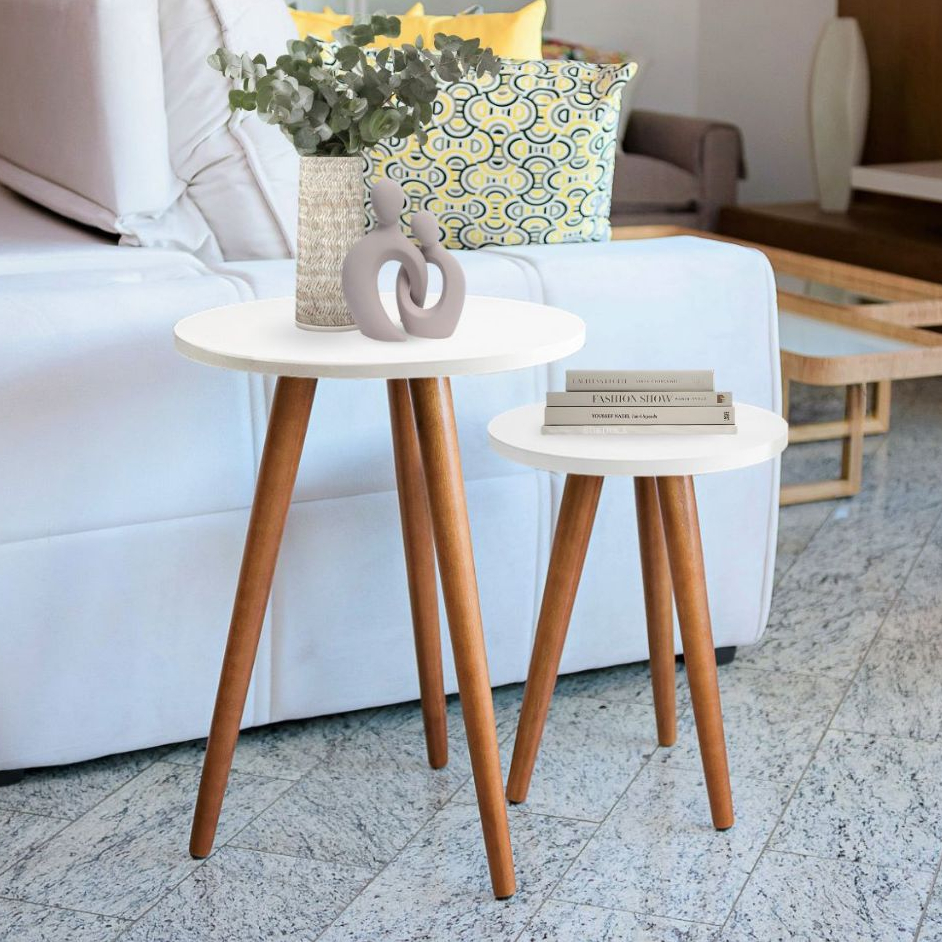 Conjunto de Mesinhas Canto E Apoio Pe Palito Madeira Tripe Porta Quadros E Objetos Branco ...
