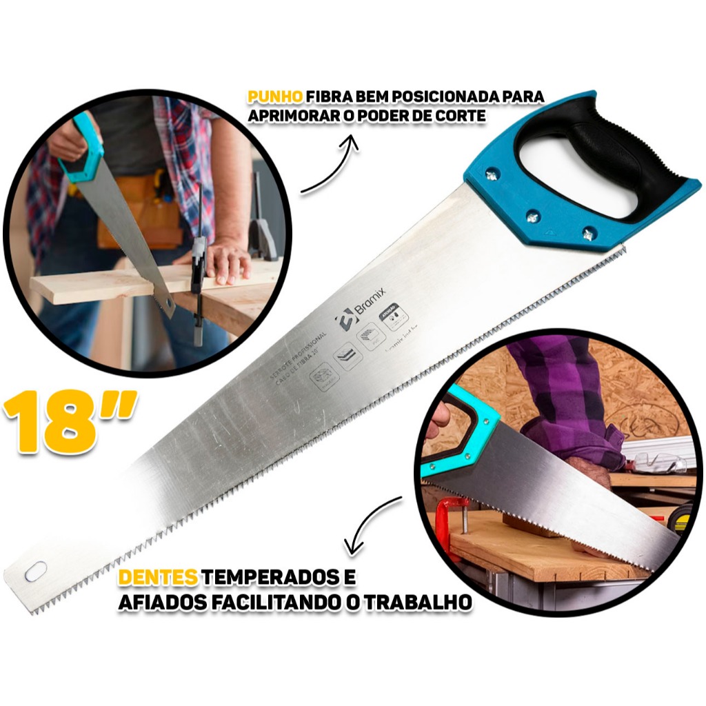 Serrote Multiuso Profissional Lâmina Em Aço Cabo De Fibra Emborrachado 18 Polegadas 45cm Bramix - Home & Living