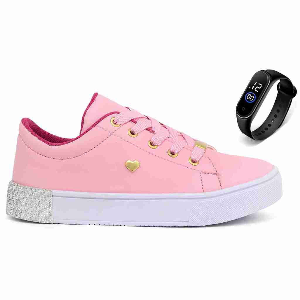 Tênis Infantil Feminino Sapato Kaut Menina Casual Com Strass Lindo e Relógio Led