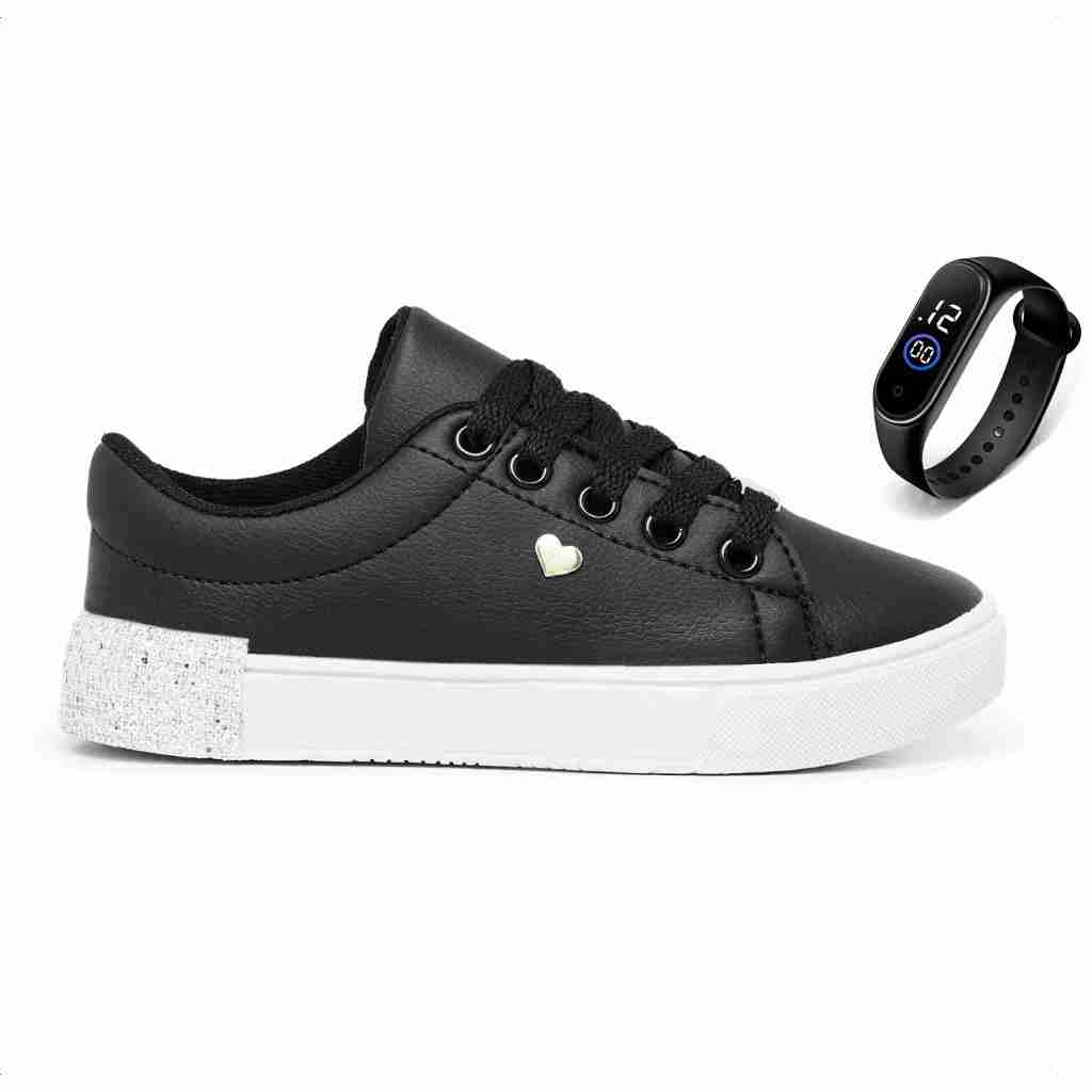 Tênis Sapato Infantil Sapatinho Feminino Kaut Menina Casual Preto Com Relógio Led