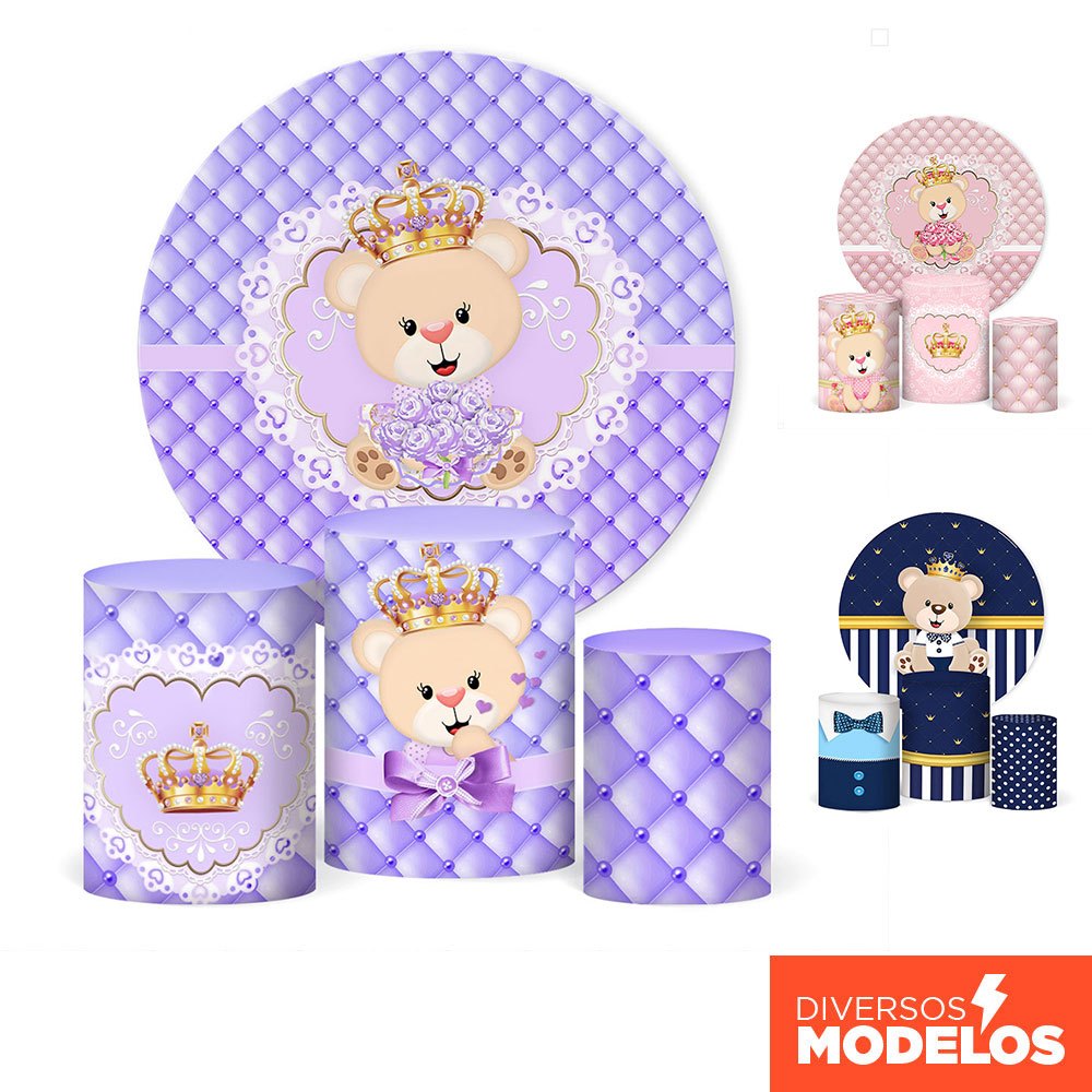 Kit Painel Redondo Urso Realeza + Trio Capas Cilindro Sublimado Tecido Veste Fácil C/Elástico em Oferta na Shopee