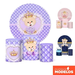 Kit Painel Redondo Urso Realeza + Trio Capas Cilindro Sublimado Tecido Veste Fácil C/Elástico