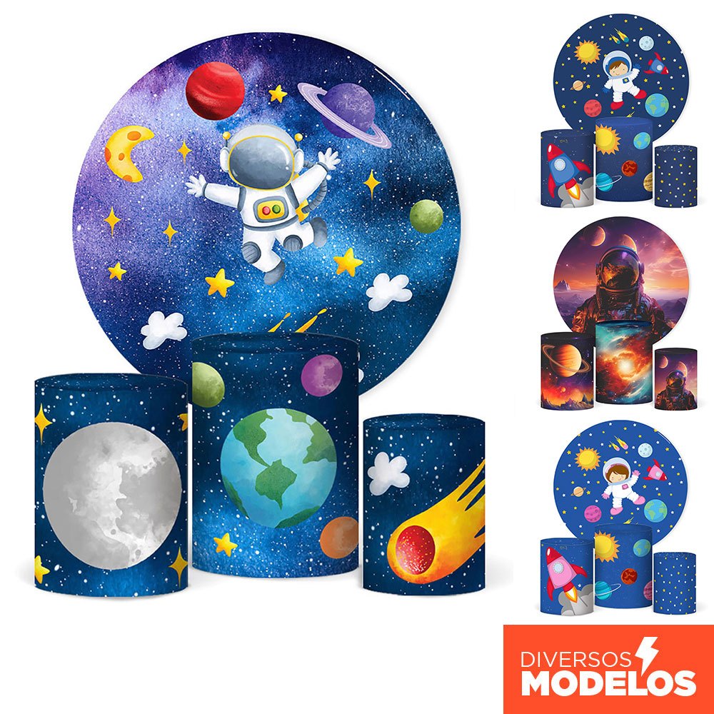 Kit Painel Redondo Astronauta + Trio Capas Cilindro Em Tecido C/Elástico em Oferta na Shopee