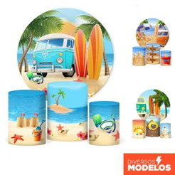 Kit Painel Redondo Praia Verão + Trio Capas Cilindro Sublimado Tecido Veste Fácil C/Elástico