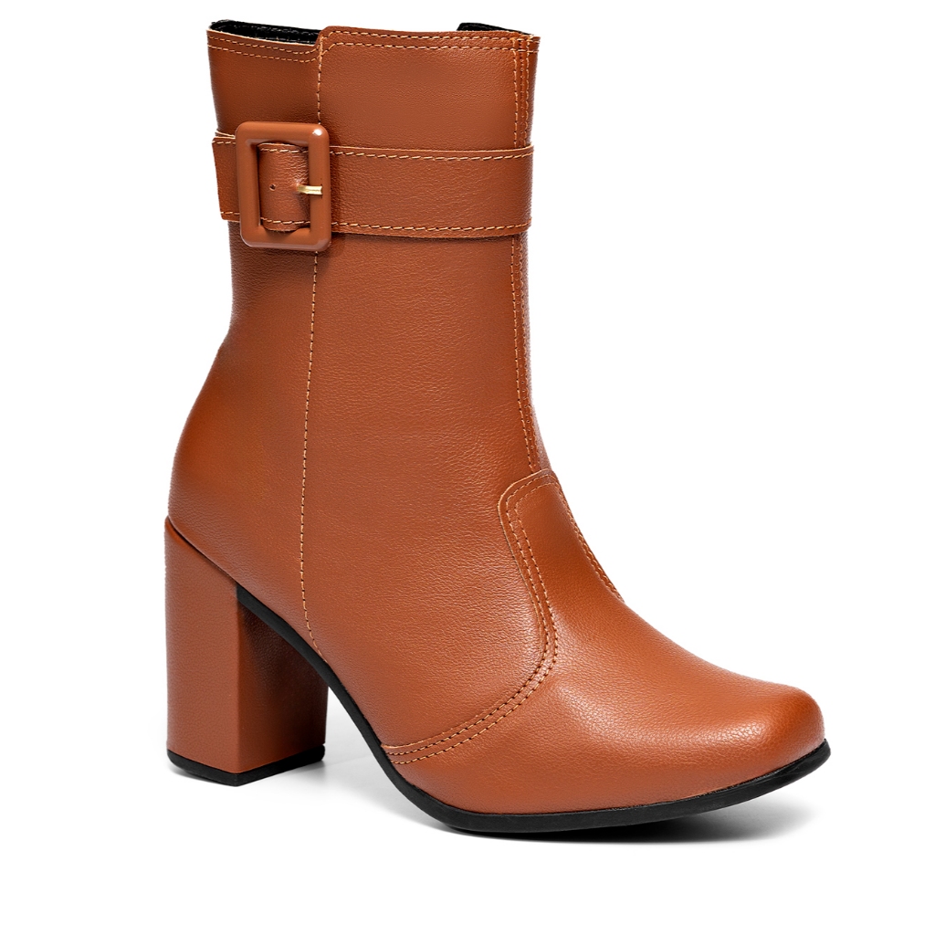 Detalhes do Bota Feminina Lumiss Salto Alto Bloco Confortável Cano Médio Fivela Bico Quadrado Blogueira