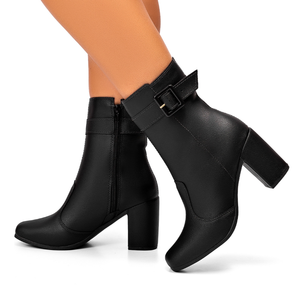 Bota Feminina Lumiss Confortável Cano Médio Bico Quadrado Salto Alto Bloco Fivela Blogueira Preto em Oferta na Shopee