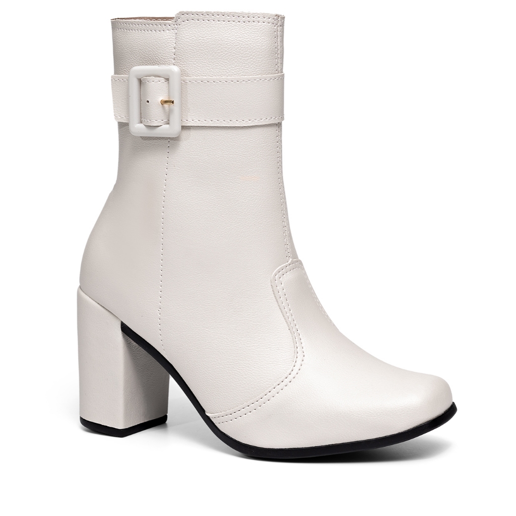 Bota Feminina Lumiss Confortável Cano Médio Bico Quadrado Salto Alto Bloco Fivela Blogueira Off White - Women Shoes