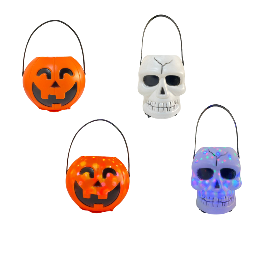 Balde de Halloween Abóbora e Caveira com Iluminação