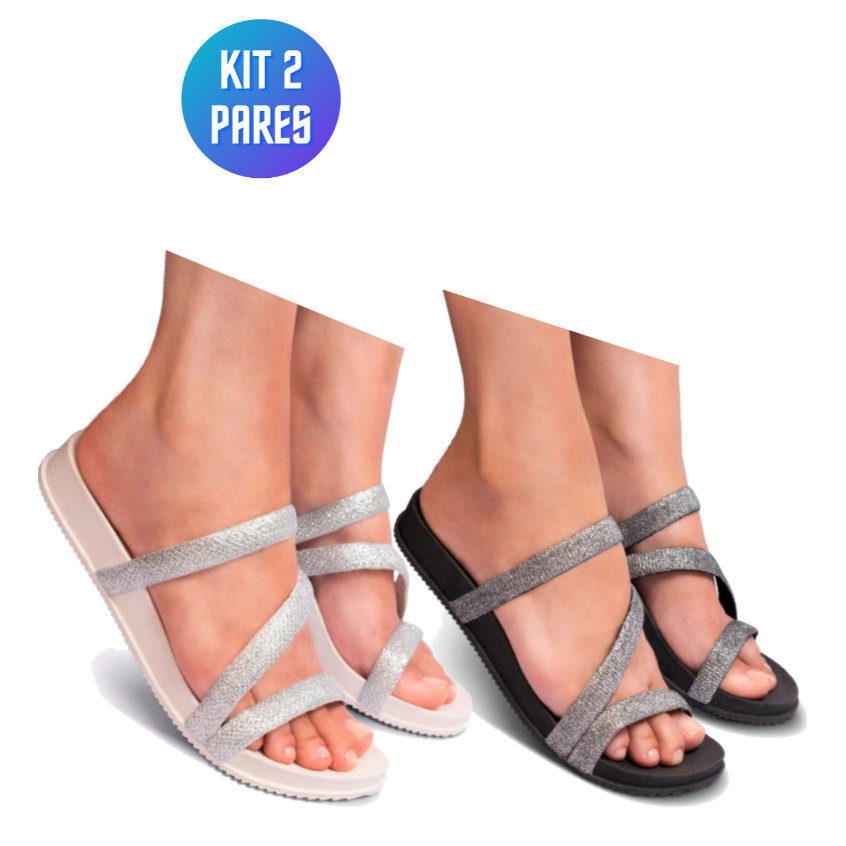 Kit 2 Pares Sandalia Chinelo Feminina Tamanco Rasteira Birken Massageador Confortavel Branca Preta