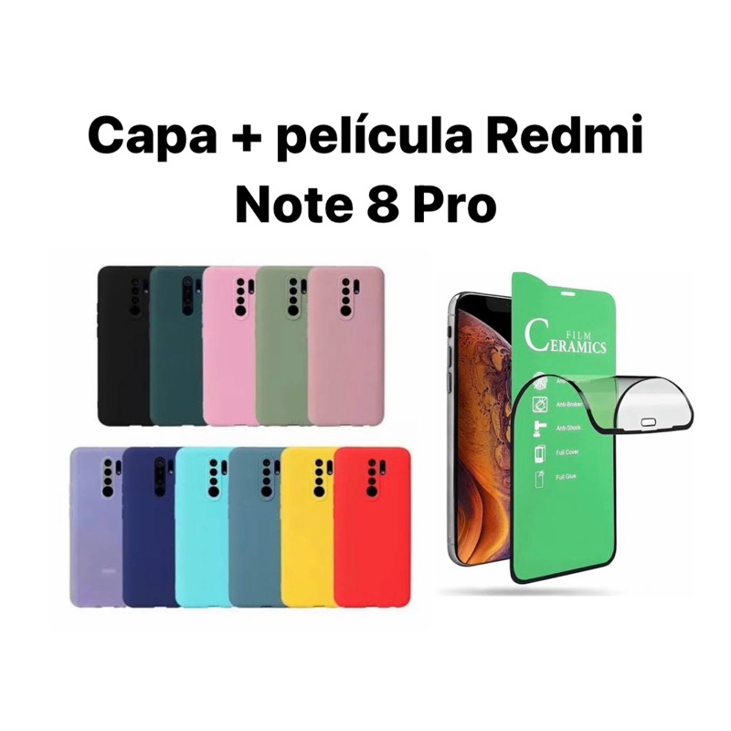 Kit 2X1 Xiaomi Redmi Note 8 Pro- Capa Silicone Aveludada Colorida + Película Frontal Cerâmica 9D