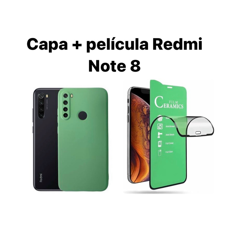 Kit 2X1 Xiaomi Redmi Note 8- Capa Silicone Aveludada Colorida + Película Frontal Ceramica 9D