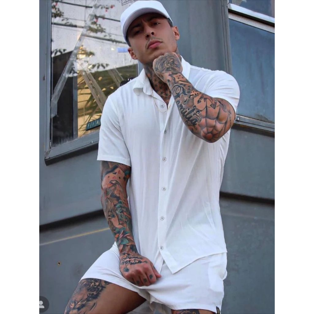 Conjunto Camisa e Short Florido Havaiano Liso Adulto Masculino Tecido de Viscolinho