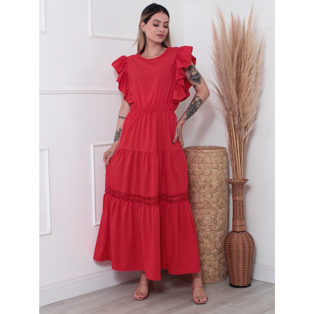 Vestido Longo/Manga Babado Com Renda Moda Verao em Oferta na Shopee