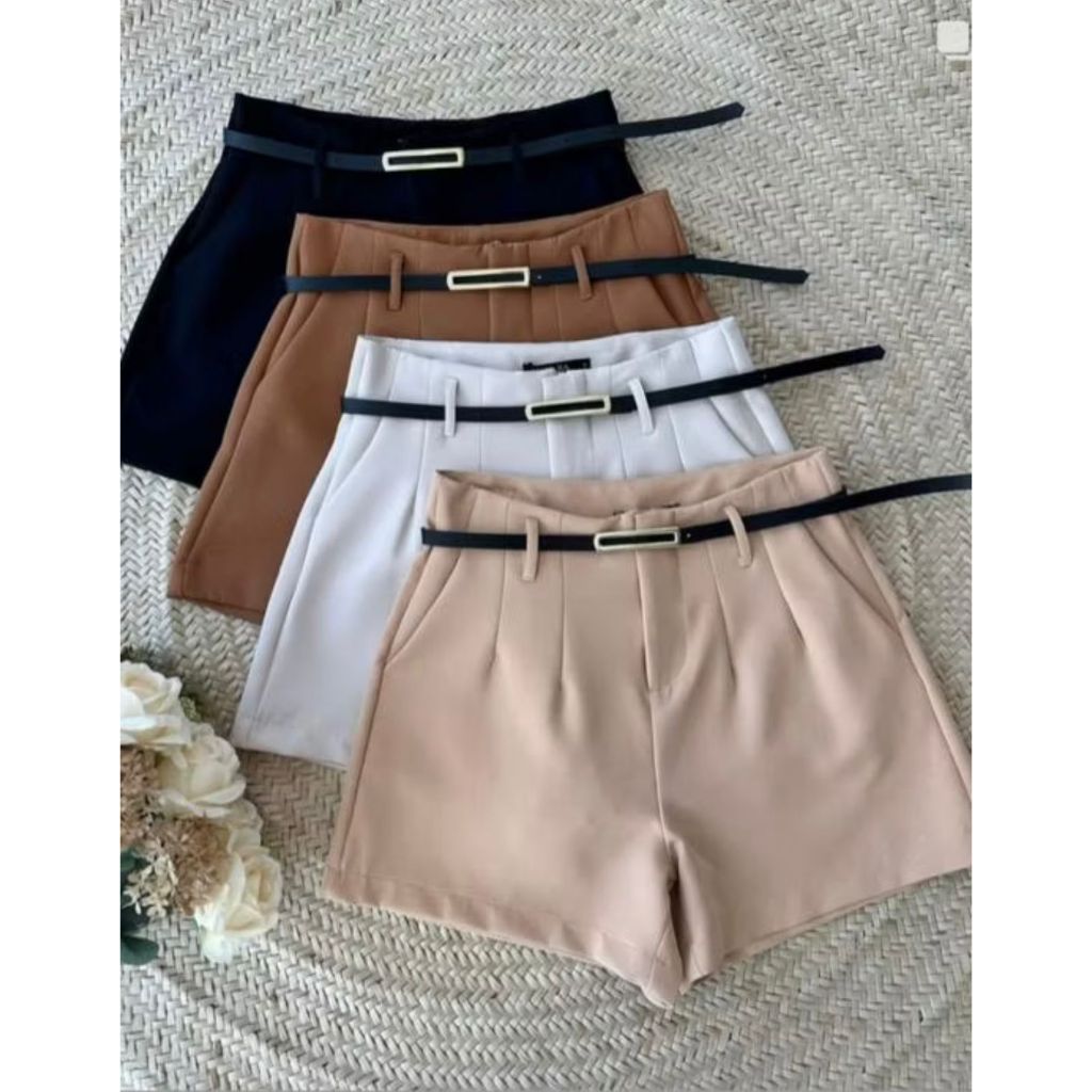 Short Alfaiataria Feminino Zara com Cinto Fino Fivela Dourada Quadrada Cintura Alta Ziper Na Lateral Social Blogueira