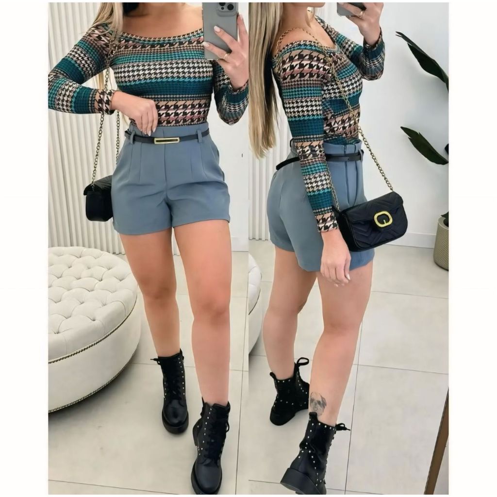 Short Alfaiataria Feminino Zara com Cinto Fino Fivela Dourada Quadrada Cintura Alta Ziper Na Lateral Social
