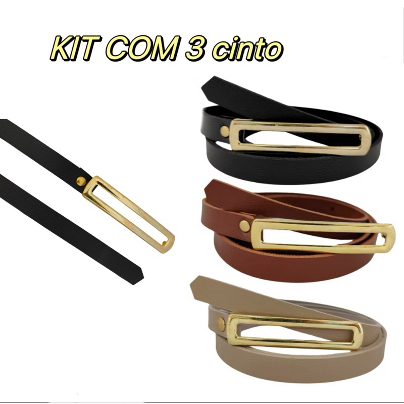 Kit 3 Cintos Feminino Para Vestido Short Calça Alfaitaria Fivela Alongada Dourado
