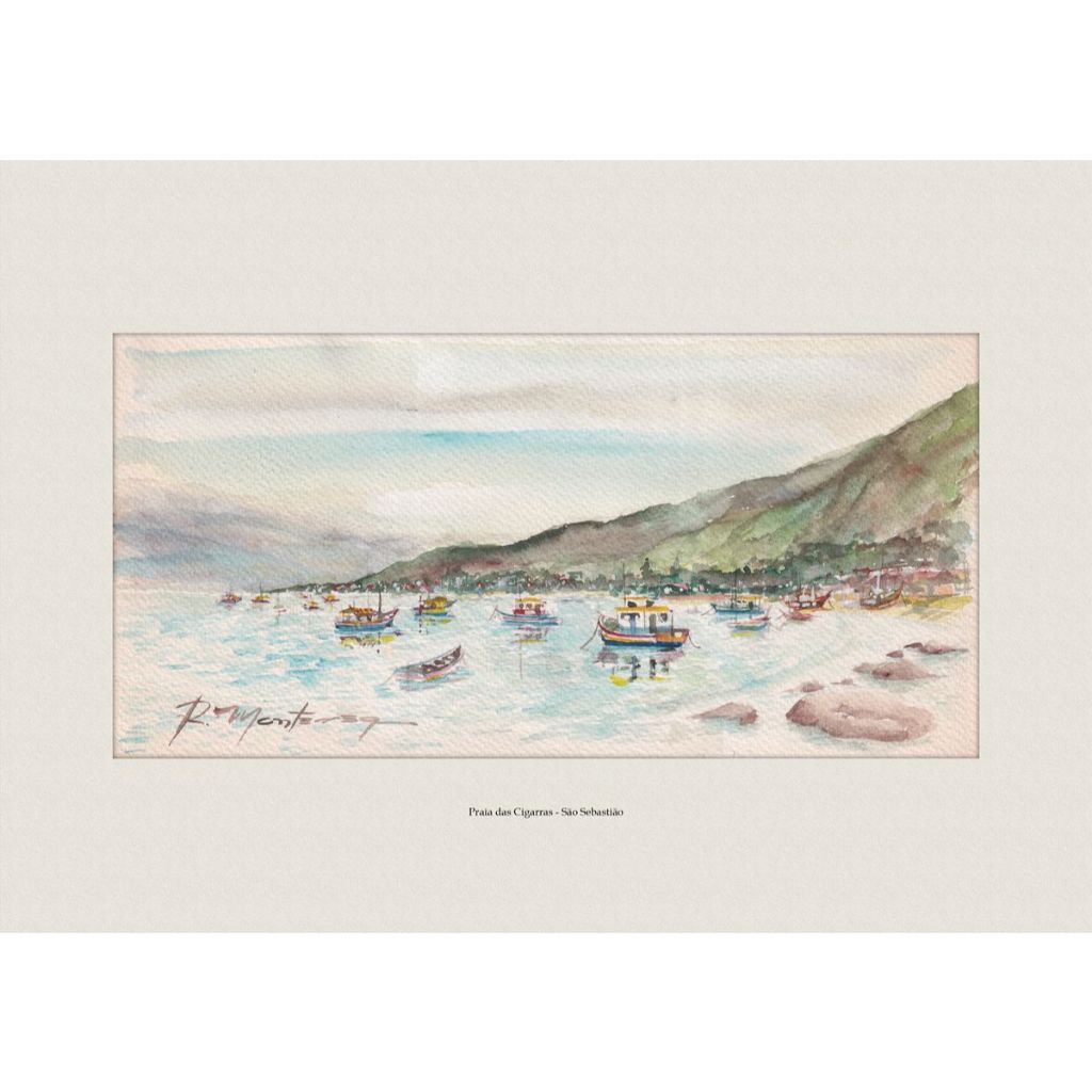 Pintura em Aquarela Praia das Cigarras - São Sebastião | Quadro Decorativo | Decoração Elegante | A4