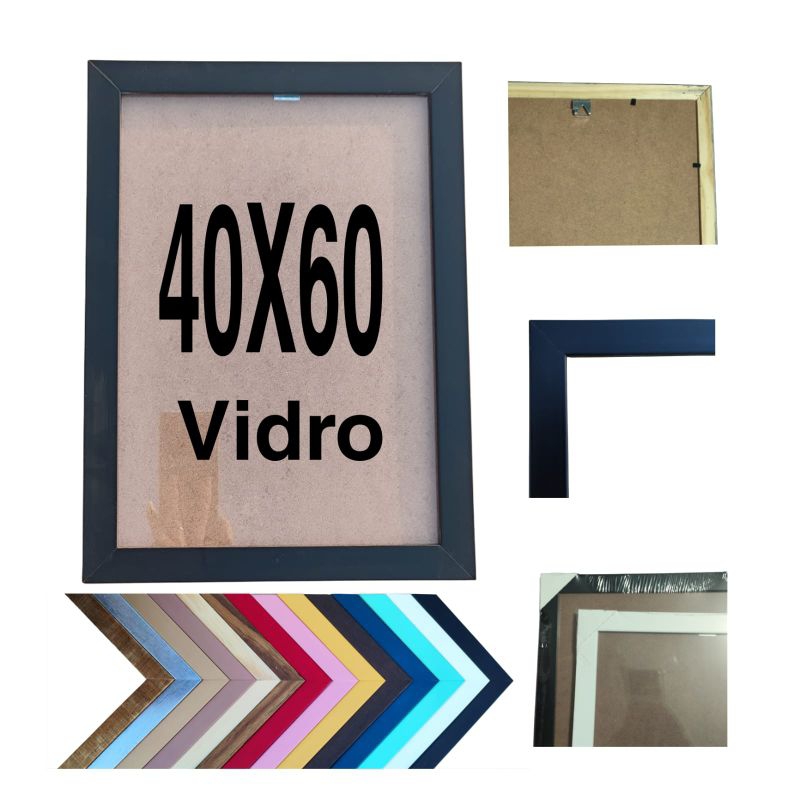 Moldura Quadro 40X60 lisa laqueada madeira premiu com vidro e fundo