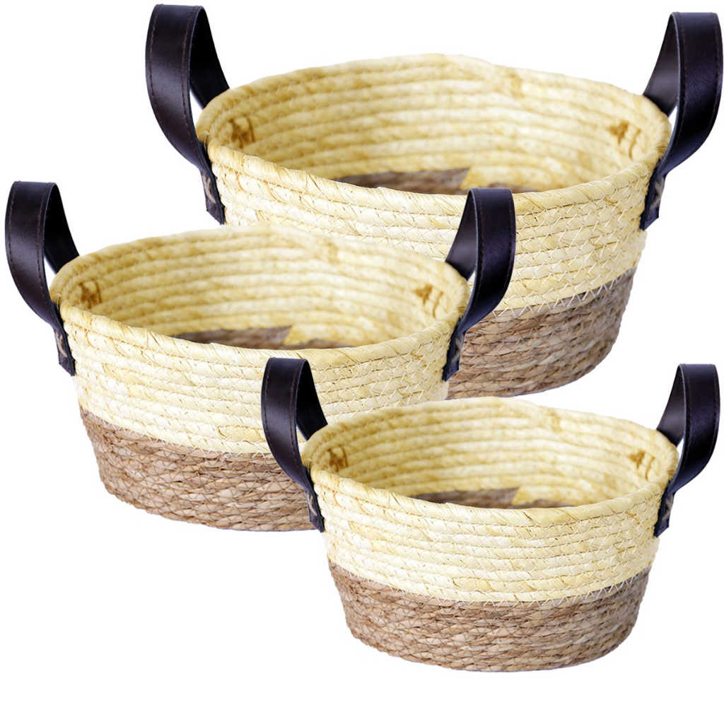 KIT 03 CESTO ORGANIZADOR OVAL FIBRA NATURAL COM ALCA COURO