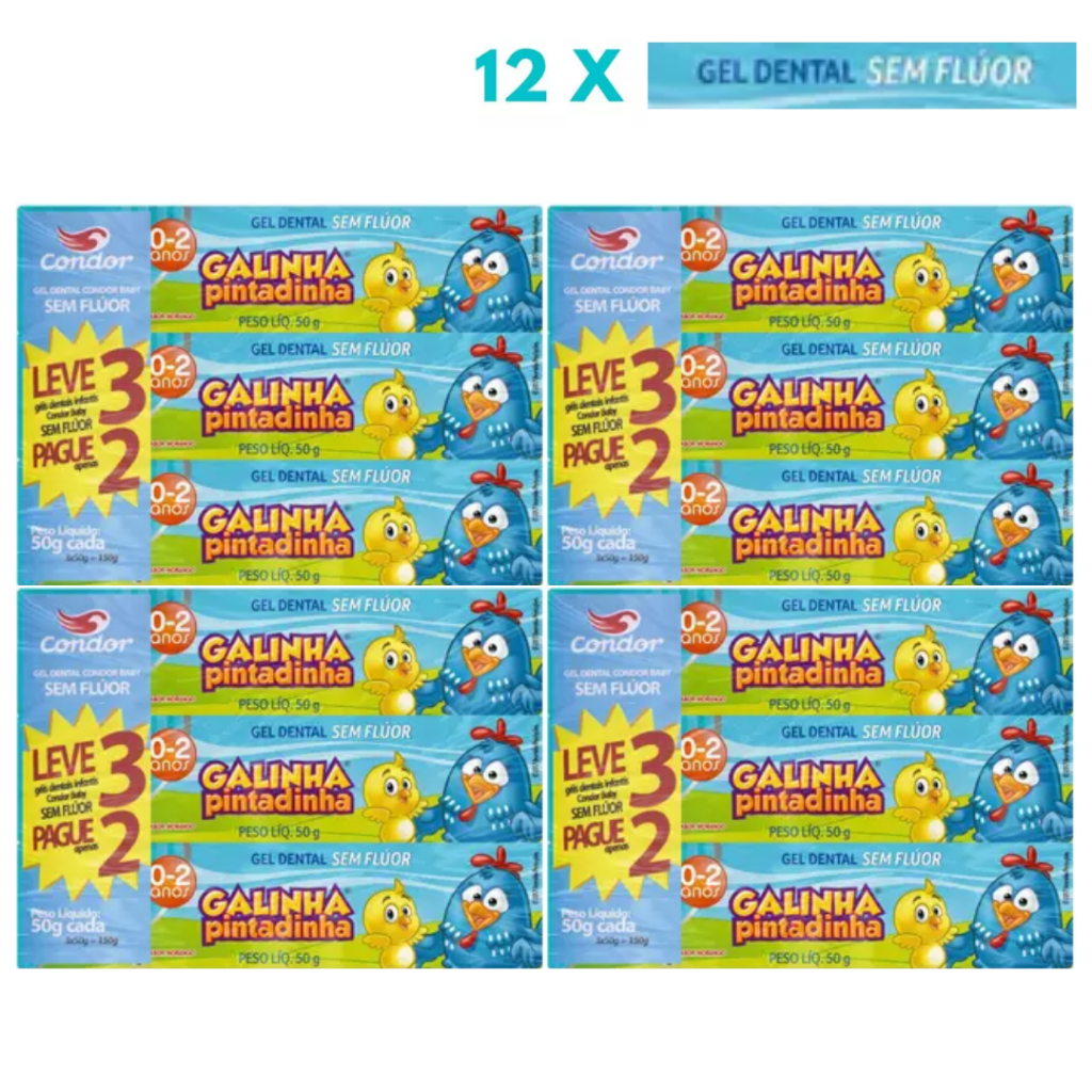 Kit 12 Gel Dental Condor Galinha Pintadinha Baby - Sem Flúor 50g