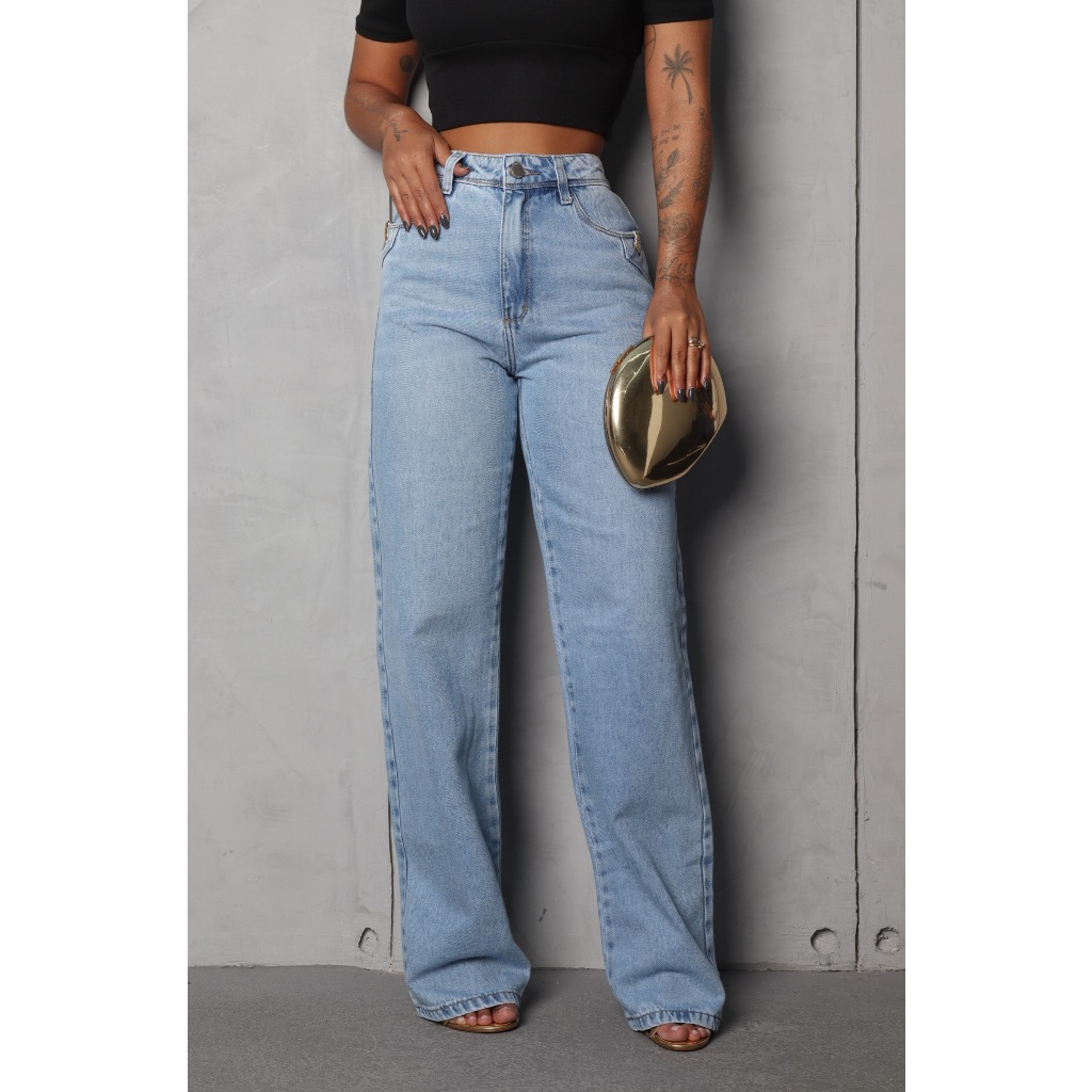 Calça jeans feminina Wide leg com detalhe em ilhós em Oferta na Shopee