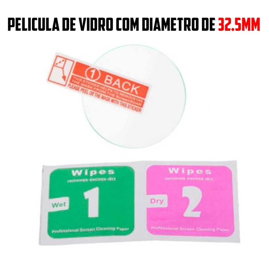Película de 32.5mm de Diametro para Relógios e Smartwatch de vidro temperado Proteção de Tela Resistente