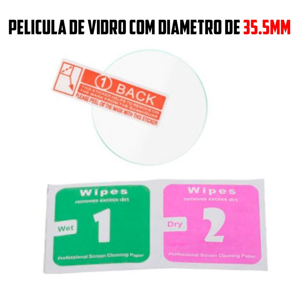 Película de 35.5mm de Diametro para Relógios e Smartwatch de vidro temperado Proteção de Tela Resistente