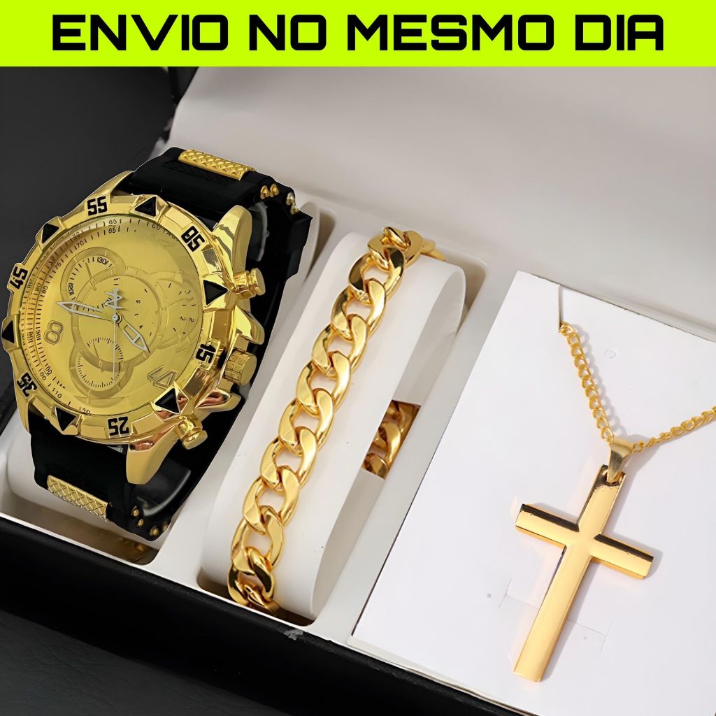 Kit Relogio Masculino Original Banhado a Ouro + Cordão Luxo + Pulseira Premium em Oferta na Shopee