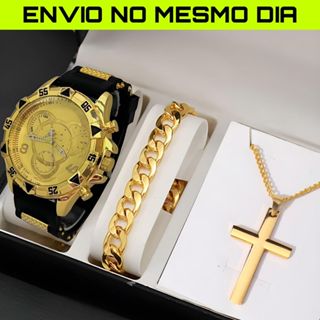 Kit Relogio Masculino Original Banhado a Ouro + Cordão Luxo + Pulseira Premium em Oferta na Shopee