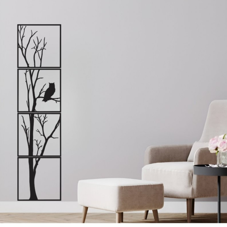Kit 4 Quadros Decorativos Vertical Árvore com Coruja em MDF
