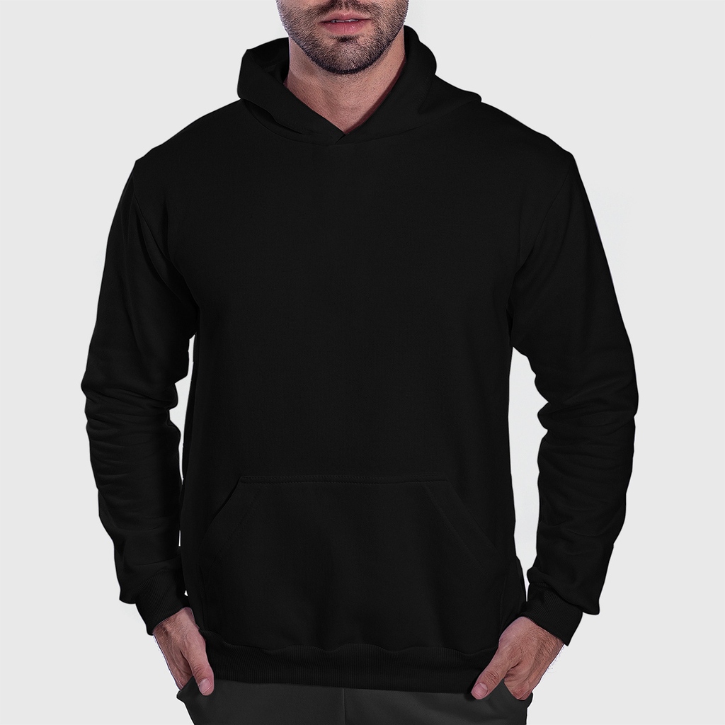 Moletom Preto Canguru Streetwear com capuz Modelo Premium Peluciado Sem estampa