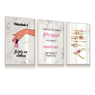 Quadro decorativo kit felicidade e fazer as unhas manicure 3 placas 20x30