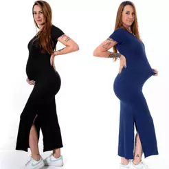 Vestido Manga Gestante Grávida Maternidade Canelado Confortavel Fenda Longo Evangélico Casual Moderno