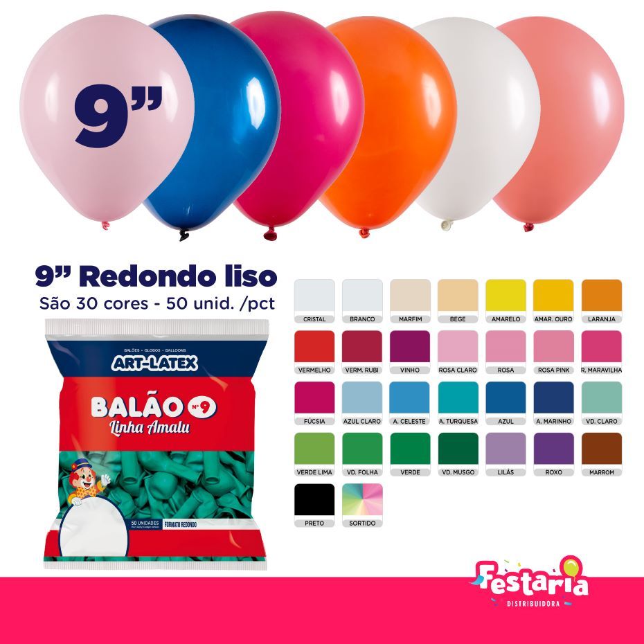 Balão Redondo 9" – 50 Unidades – Diversas Cores - Linha Amalu Art Latex