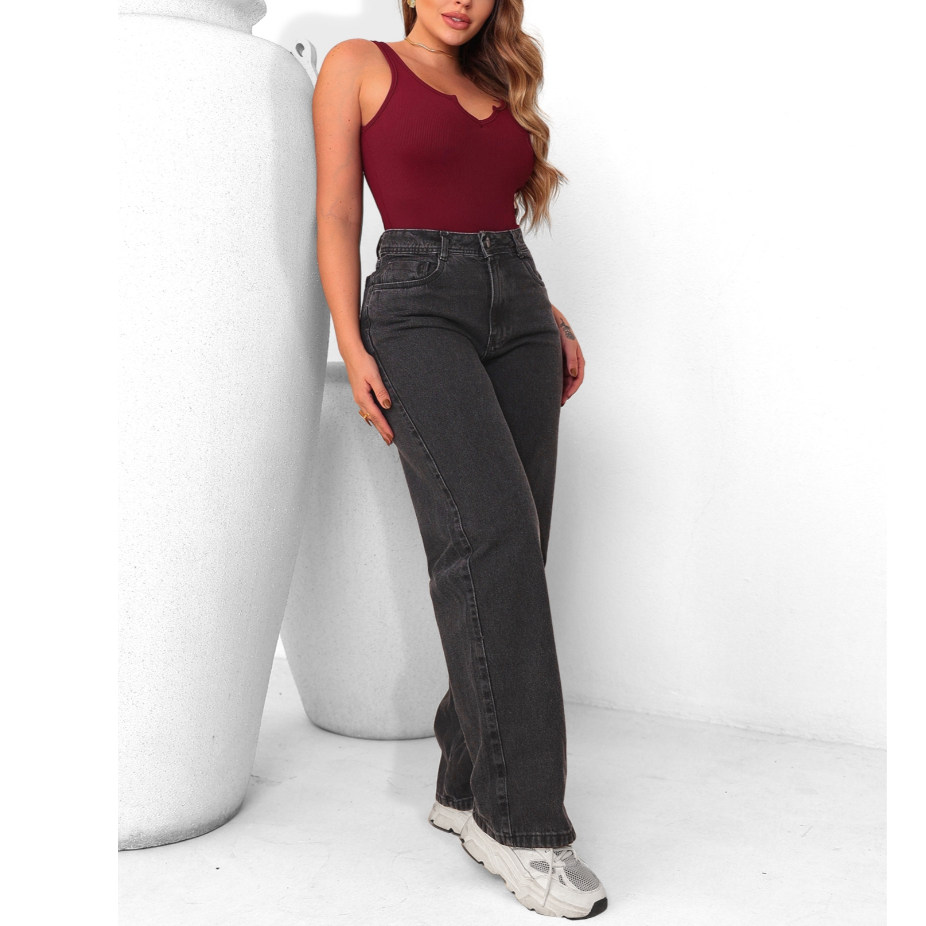 Calça Jeans Feminina Wide Leg Boca Larga Jeans Grosso  Marmorizada 100% Algodão