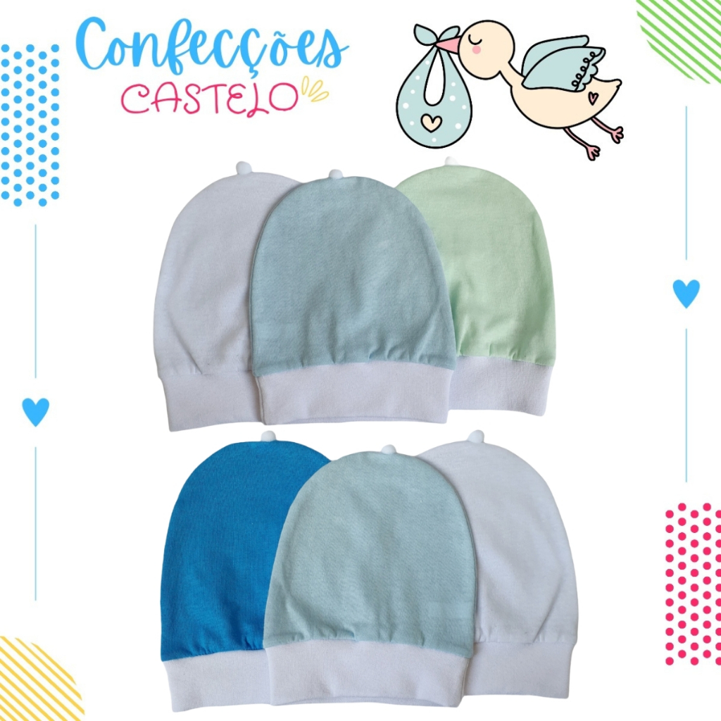 Gorro de malha Bebê Recem Nascido com Pompom 100% Algodão kit c/ 6 gorros Saída de Maternidade