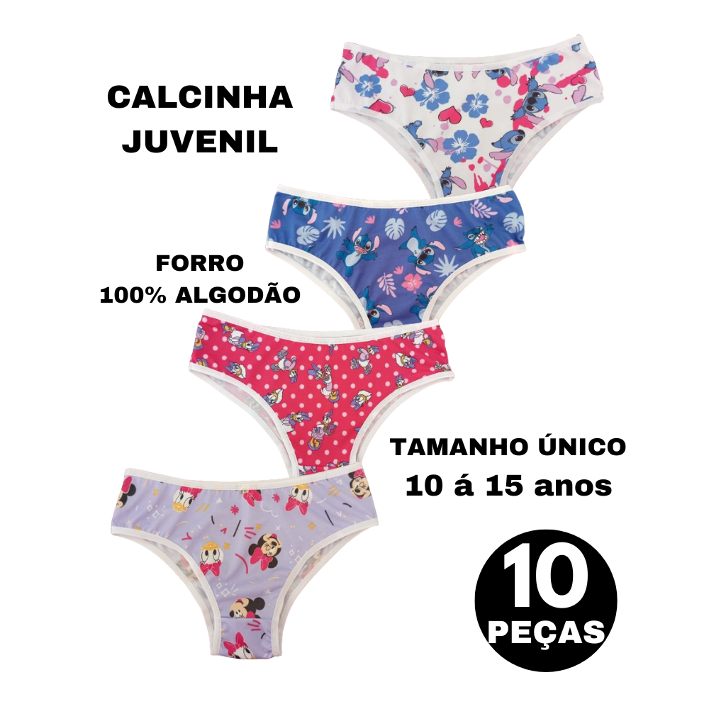Kit 10 Calcinhas Infantil e Juvenil Para Meninas de 10 a 15 anos Forro 100% Algodão