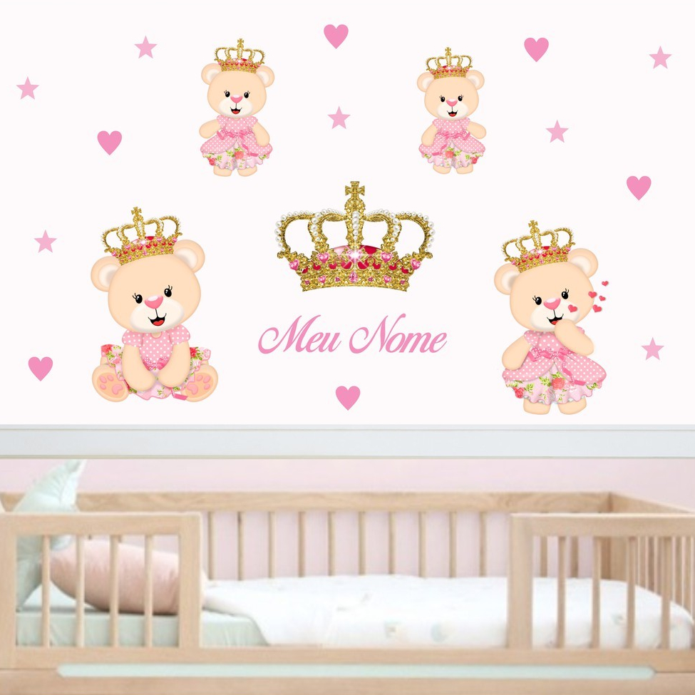 Papel de Parede Menina Ursinha Princesa Coroa Realeza ROSA Adesivo Decoração Elegante Diferente