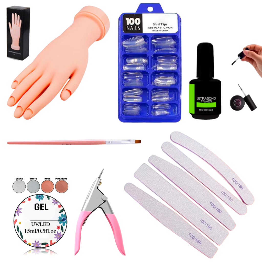 Kit Mão de Treino Completo Gel Tips Pincel Primer Cortador Lixa Manicure Unhas Gel Porcelana Fibra