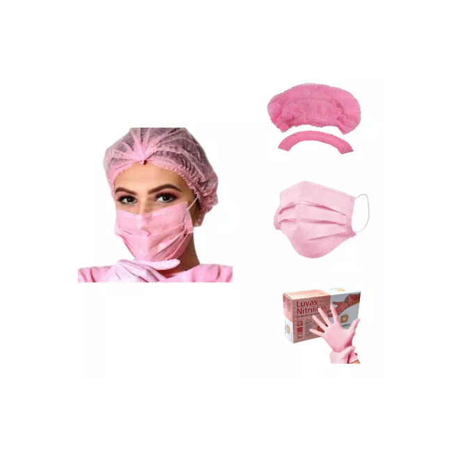 Kit 12 pares de Luvas descartáveis Nitrílicas Rosa + 12 Toucas TNT Rosa + 12 Mascaras Rosa