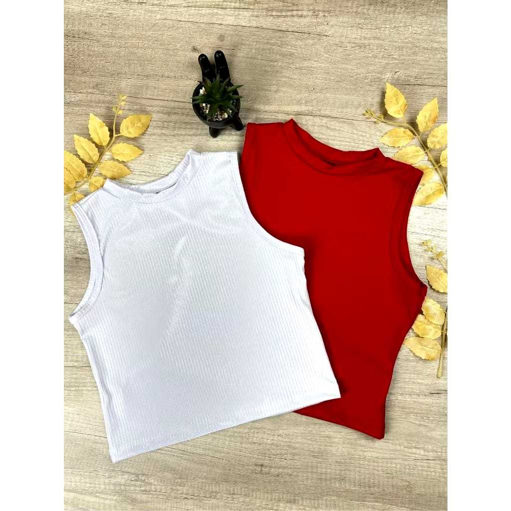 Kit 2 Cropped Top Simples Básico Regata Malha Canelado.